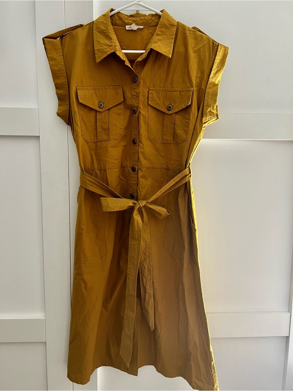 Sleeve-Detail Shirt Midi Dress in Mustard with Waist Tie